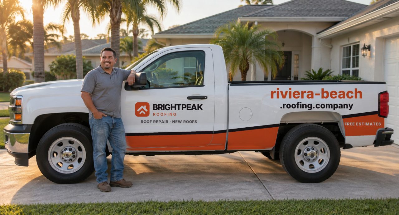 riviera-beach.roofing.company painted on the side of a white work truck